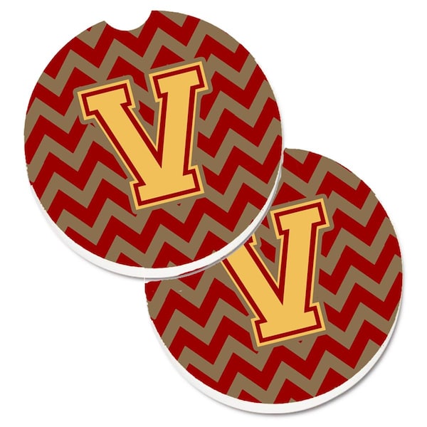Carolines Treasures Letter V Chevron Garnet and Gold Set of 2 Cup Holder Car Coaster CJ1048-VCARC - main
